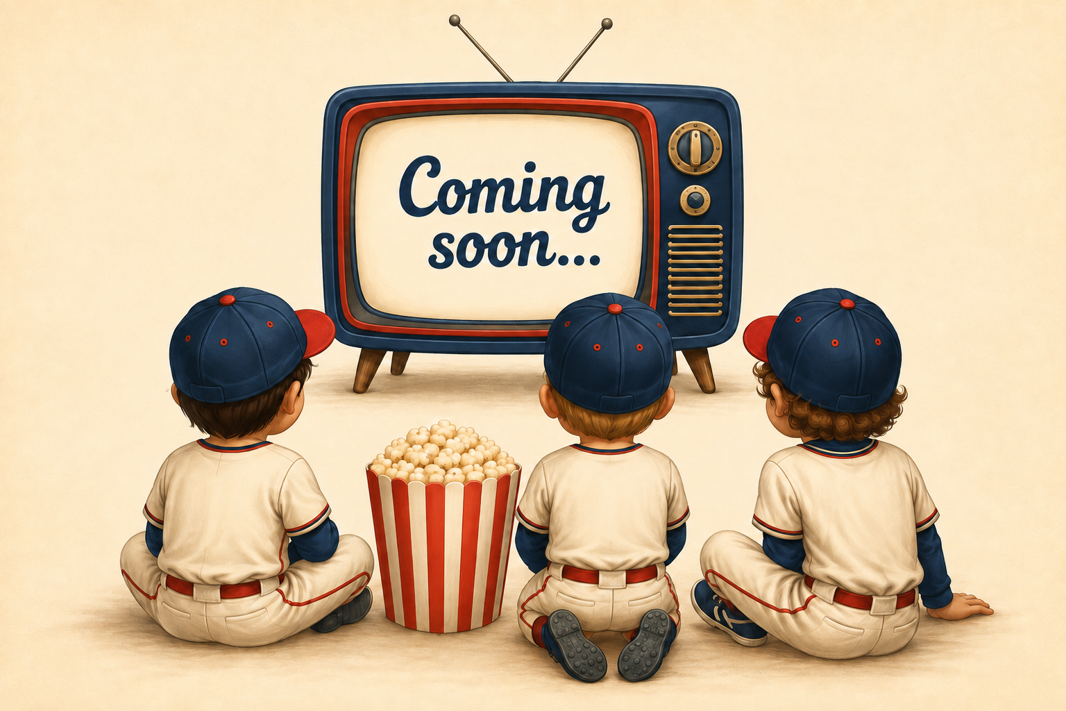 Three young baseball players sharing popcorn while watching a television that says Coming soon